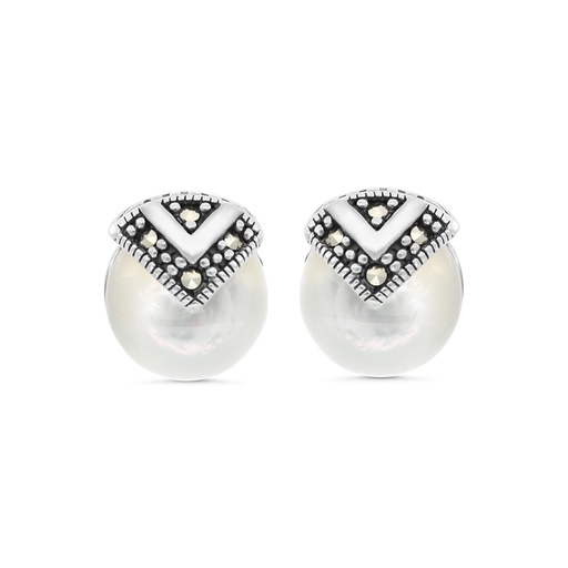 [EAR04MAR00MOPA427] Sterling Silver 925 Earring Embedded With Natural White Shell And Marcasite Stones