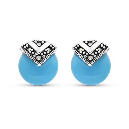 [EAR04MAR00TRQA427] Sterling Silver 925 Earring Embedded With Natural Processed Turquoise And Marcasite Stones