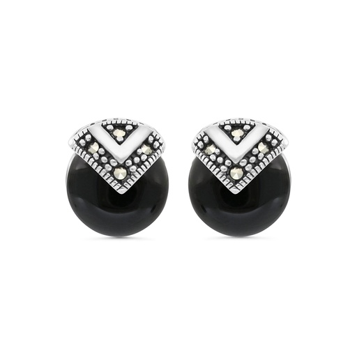 [EAR04MAR00ONXA427] Sterling Silver 925 Earring Embedded With Natural Black Agate And Marcasite Stones
