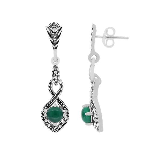 [EAR04MAR00GAGA485] Sterling Silver 925 Earring Embedded With Natural Green Agate And Marcasite Stones