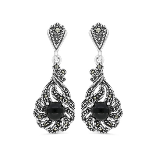 [EAR04MAR00ONXA428] Sterling Silver 925 Earring Embedded With Natural Black Agate And Marcasite Stones