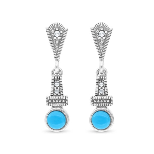 [EAR04MAR00TRQA430] Sterling Silver 925 Earring Embedded With Natural Processed Turquoise And Marcasite Stones