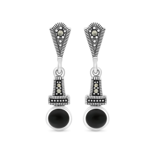 [EAR04MAR00ONXA430] Sterling Silver 925 Earring Embedded With Natural Black Agate And Marcasite Stones