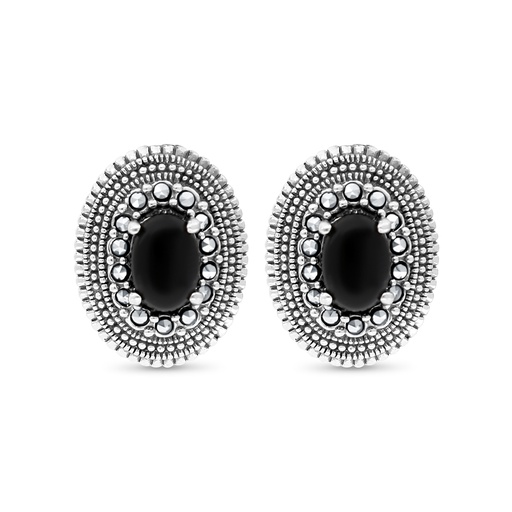[EAR04MAR00ONXA432] Sterling Silver 925 Earring Embedded With Natural Black Agate And Marcasite Stones