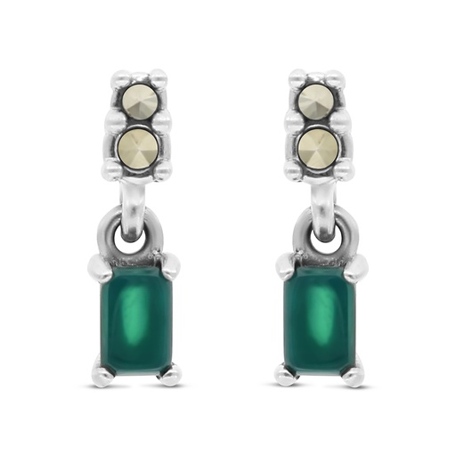 [EAR04MAR00GAGA437] Sterling Silver 925 Earring Embedded With Natural Green Agate And Marcasite Stones