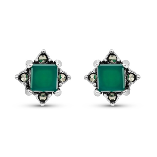 [EAR04MAR00GAGA438] Sterling Silver 925 Earring Embedded With Natural Green Agate And Marcasite Stones