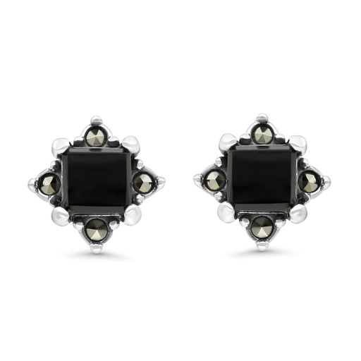 [EAR04MAR00ONXA438] Sterling Silver 925 Earring Embedded With Natural Black Agate And Marcasite Stones