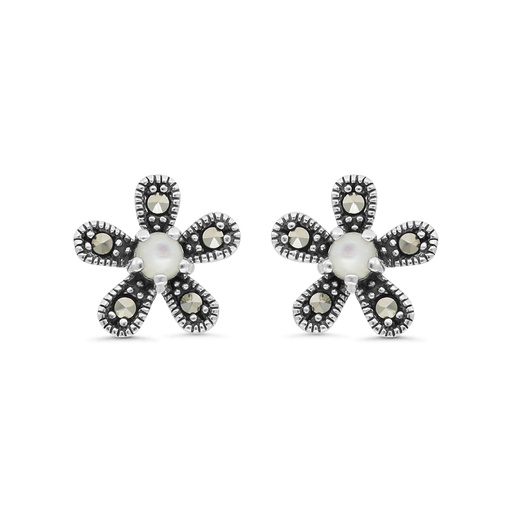 [EAR04MAR00MOPA440] Sterling Silver 925 Earring Embedded With Natural White Shell And Marcasite Stones