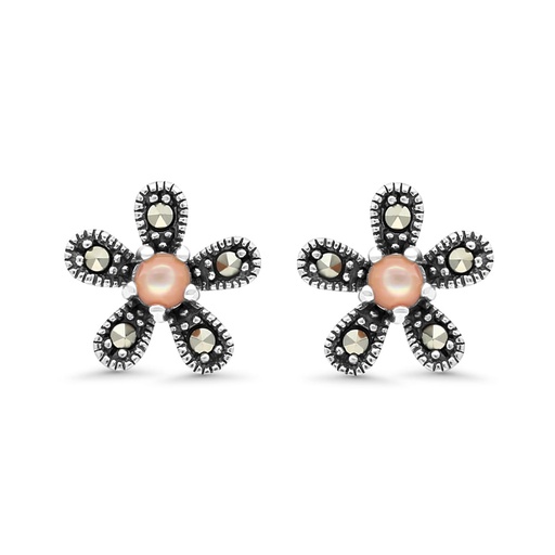 [EAR04MAR00PNKA440] Sterling Silver 925 Earring Embedded With Natural Pink Shell And Marcasite Stones