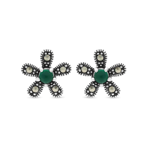 [EAR04MAR00GAGA440] Sterling Silver 925 Earring Embedded With Natural Green Agate And Marcasite Stones