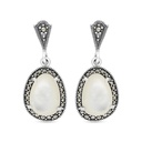 Sterling Silver 925 Earring Embedded With Natural White Shell And Marcasite Stones