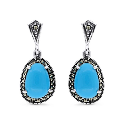 [EAR04MAR00TRQA453] Sterling Silver 925 Earring Embedded With Natural Processed Turquoise And Marcasite Stones