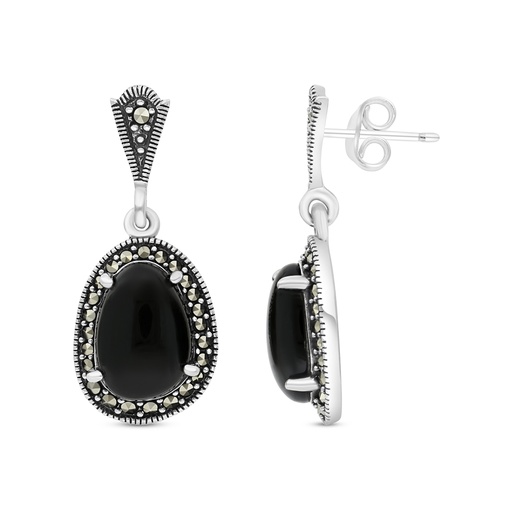 [EAR04MAR00ONXA453] Sterling Silver 925 Earring Embedded With Natural Onxy And Marcasite Stones
