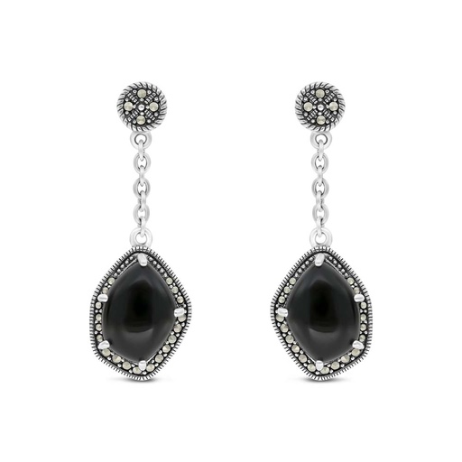 [EAR04MAR00ONXA454] Sterling Silver 925 Earring Embedded With Natural Onxy And Marcasite Stones