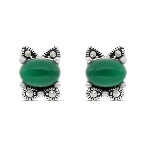 [EAR04MAR00GAGA455] Sterling Silver 925 Earring Embedded With Natural Green Agate And Marcasite Stones