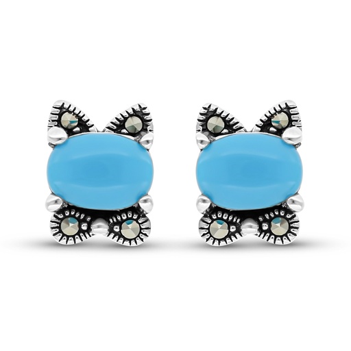 [EAR04MAR00TRQA455] Sterling Silver 925 Earring Embedded With Natural Processed Turquoise And Marcasite Stones