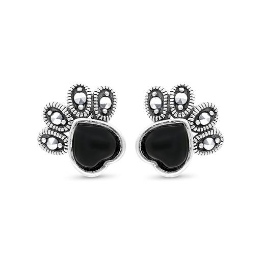 [EAR04MAR00ONXA457] Sterling Silver 925 Earring Embedded With Natural Black Agate And Marcasite Stones