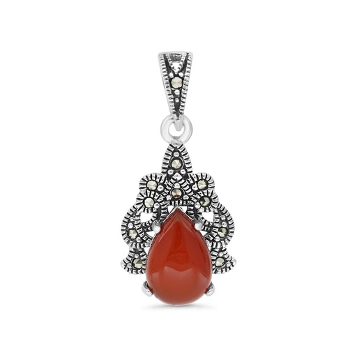 [PND04MAR00RAGA415] Sterling Silver 925 Pendant Embedded With Natural Aqiq And Marcasite Stones
