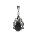 Sterling Silver 925 Pendant Embedded With Natural Black Agate And Marcasite Stones