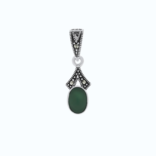 [PND04MAR00GAGA545] Sterling Silver 925 Pendant Embedded With Natural Green Agate And Marcasite Stones