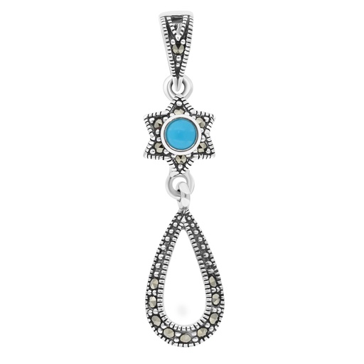 [PND04MAR00TRQA424] Sterling Silver 925 Pendant Embedded With Natural Processed Turquoise And Marcasite Stones