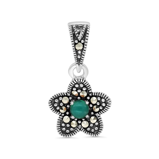 [PND04MAR00GAGA434] Sterling Silver 925 Pendant Embedded With Natural Green Agate And Marcasite Stones