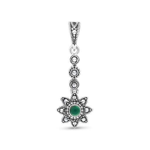 [PND04MAR00GAGA464] Sterling Silver 925 Pendant Embedded With Natural Green Agate And Marcasite Stones