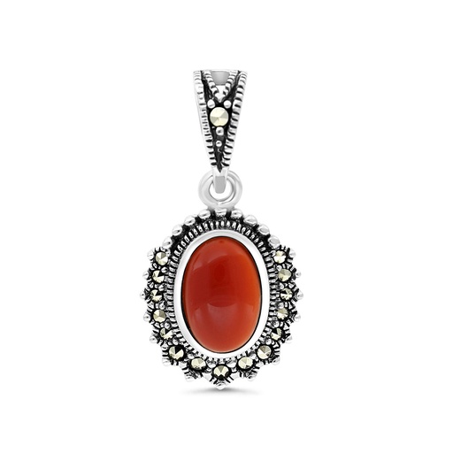 [PND04MAR00RAGA472] Sterling Silver 925 Pendant Embedded With Natural Aqiq And Marcasite Stones