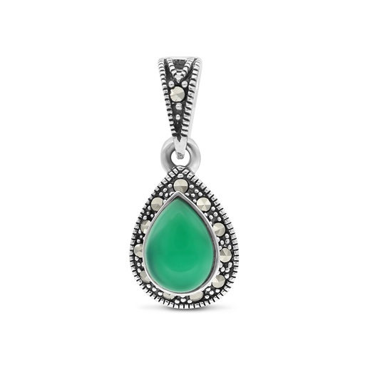 [PND04MAR00GAGA490] Sterling Silver 925 Pendant Embedded With Natural Green Agate And Marcasite Stones