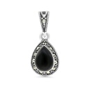 Sterling Silver 925 Pendant Embedded With Natural Black Agate And Marcasite Stones