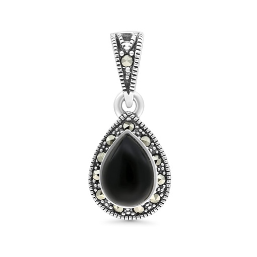 [PND04MAR00ONXA490] Sterling Silver 925 Pendant Embedded With Natural Black Agate And Marcasite Stones
