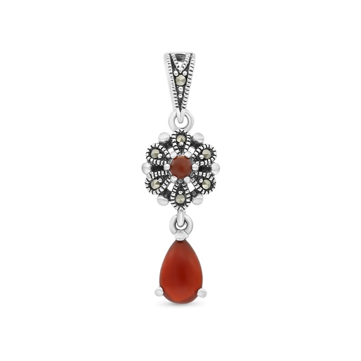 [PND04MAR00RAGA510] Sterling Silver 925 Pendant Embedded With Natural Aqiq And Marcasite Stones