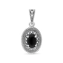 Sterling Silver 925 Pendant Embedded With Natural Black Agate And Marcasite Stones