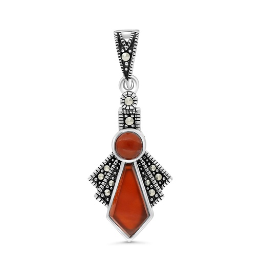 [PND04MAR00RAGA536] Sterling Silver 925 Pendant Embedded With Natural Aqiq And Marcasite Stones