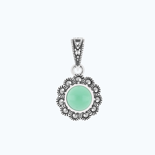 [PND04MAR00GAGA549] Sterling Silver 925 Pendant Embedded With Natural Green Agate And Marcasite Stones