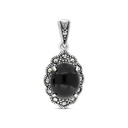 Sterling Silver 925 Pendant Embedded With Natural Black Agate And Marcasite Stones