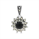 Sterling Silver 925 Pendant Embedded With Natural Black Agate And Marcasite Stones