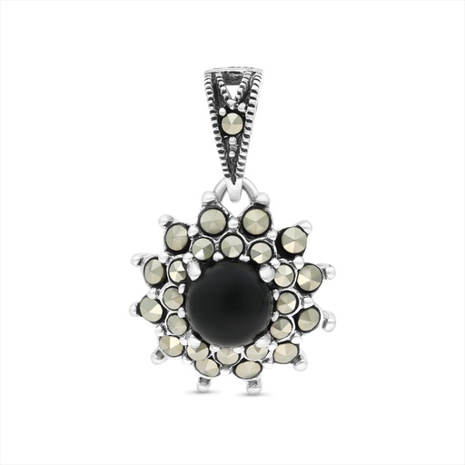 [PND04MAR00ONXA550] Sterling Silver 925 Pendant Embedded With Natural Black Agate And Marcasite Stones