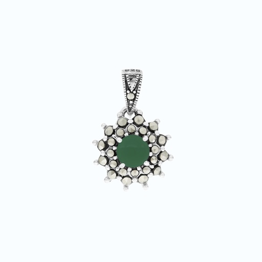 [PND04MAR00GAGA550] Sterling Silver 925 Pendant Embedded With Natural Green Agate And Marcasite Stones