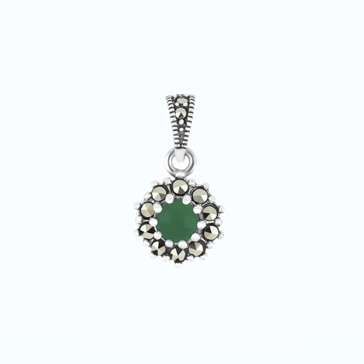 [PND04MAR00GAGA551] Sterling Silver 925 Pendant Embedded With Natural Green Agate And Marcasite Stones