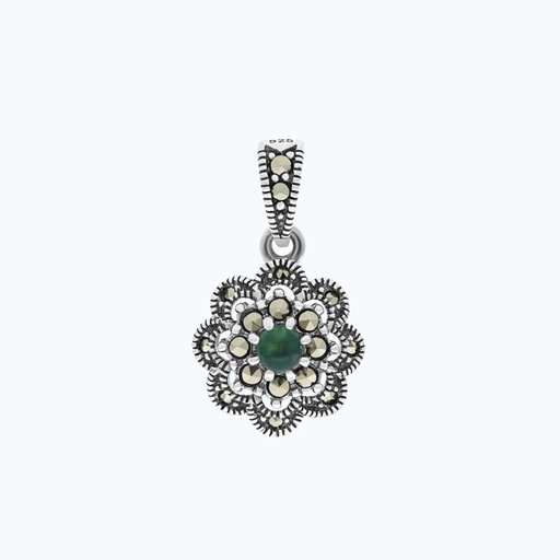 [PND04MAR00GAGA552] Sterling Silver 925 Pendant Embedded With Natural Green Agate And Marcasite Stones