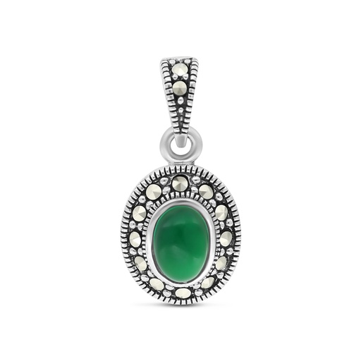 [PND04MAR00GAGA420] Sterling Silver 925 Pendant Embedded With Natural Green Agate And Marcasite Stones