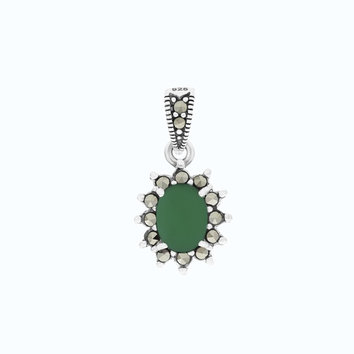 [PND04MAR00GAGA553] Sterling Silver 925 Pendant Embedded With Natural Green Agate And Marcasite Stones
