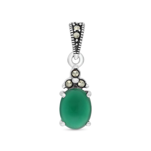 [PND04MAR00GAGA554] Sterling Silver 925 Pendant Embedded With Natural Green Agate And Marcasite Stones