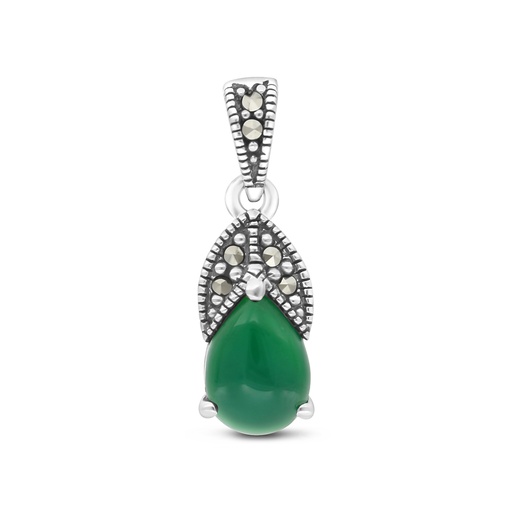 [PND04MAR00GAGA418] Sterling Silver 925 Pendant Embedded With Natural Green Agate And Marcasite Stones