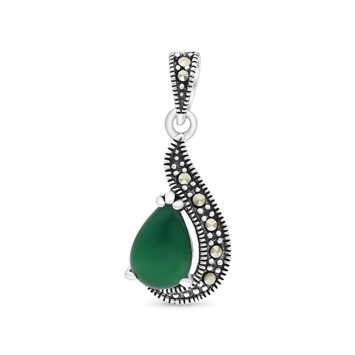 [PND04MAR00GAGA421] Sterling Silver 925 Pendant Embedded With Natural Green Agate And Marcasite Stones