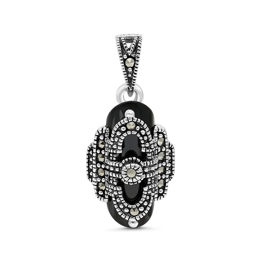 [PND04MAR00ONXA558] Sterling Silver 925 Pendant Embedded With Natural Black Agate And Marcasite Stones