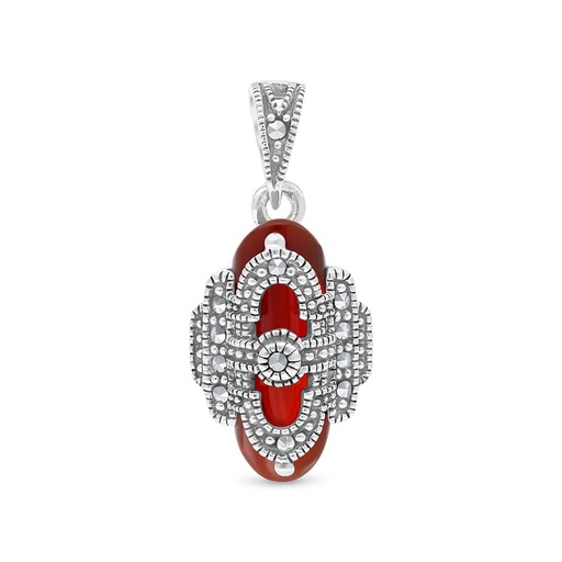 [PND04MAR00RAGA558] Sterling Silver 925 Pendant Embedded With Natural Aqiq And Marcasite Stones