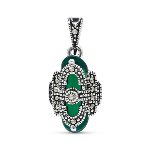 [PND04MAR00GAGA558] Sterling Silver 925 Pendant Embedded With Natural Green Agate And Marcasite Stones