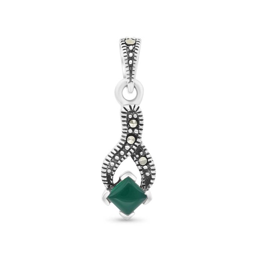 [PND04MAR00GAGA422] Sterling Silver 925 Pendant Embedded With Natural Green Agate And Marcasite Stones